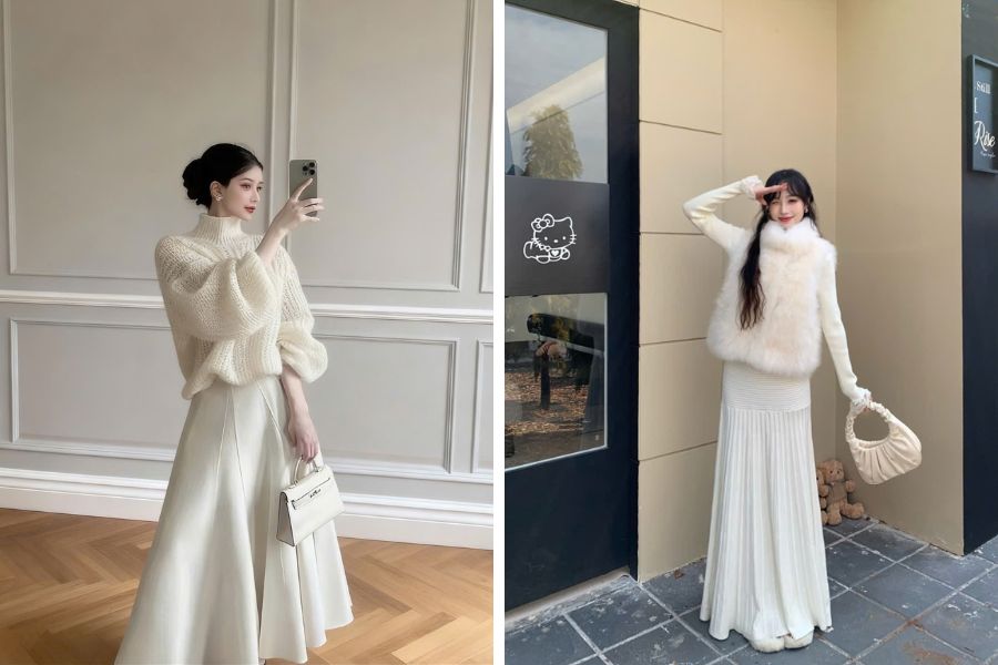 Mix chân váy trắng cùng áo khoác lông đáng yêu
