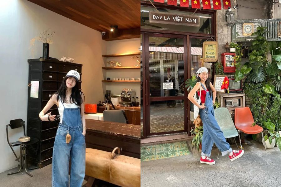 Phối quần yếm phối áo hai dây