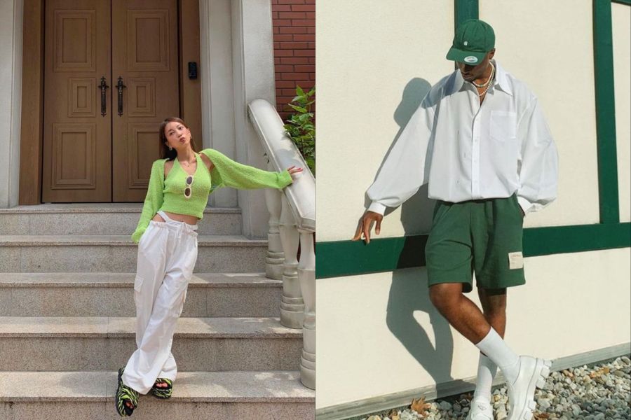 outfit xanh lá phối màu trắng