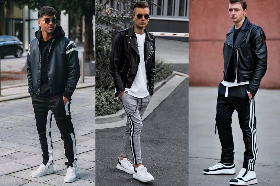 Kết hợp quần Track Pants cùng áo khoác da