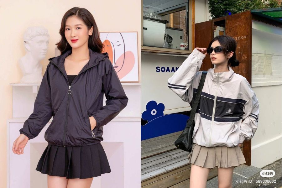 Áo khoác gió phối chân váy xếp ly