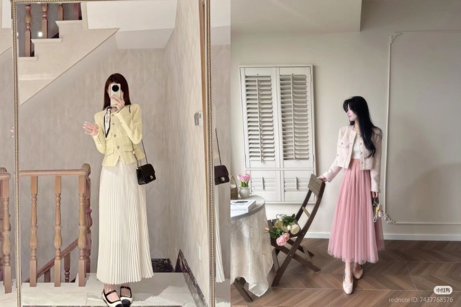 Chân váy dài phối áo dạ tweed