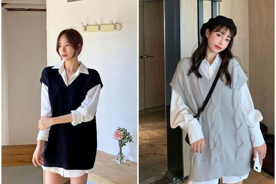 Phong cách giấu quần với áo gile oversize và áo sơ mi bên trong