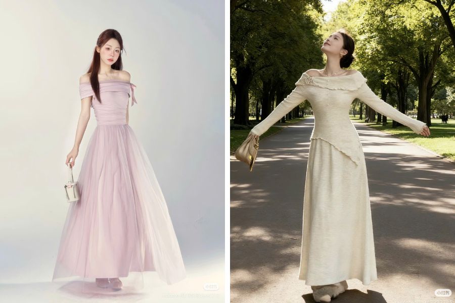 Đầm trễ vai dáng dài thu hút mọi ánh nhìn