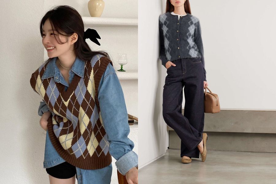 Phối họa tiết ô kim cương với denim tối màu