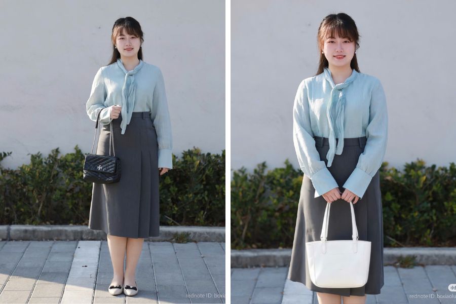 Mix áo sơ mi xanh nhạt và chân váy xám nhạt