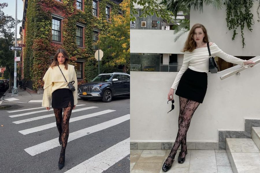 Tất đen phối chân váy dáng chữ A