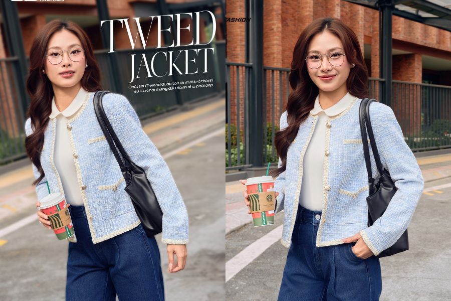 Áo khoác dạ tweed phối quần jean ống đứng cho nữ
