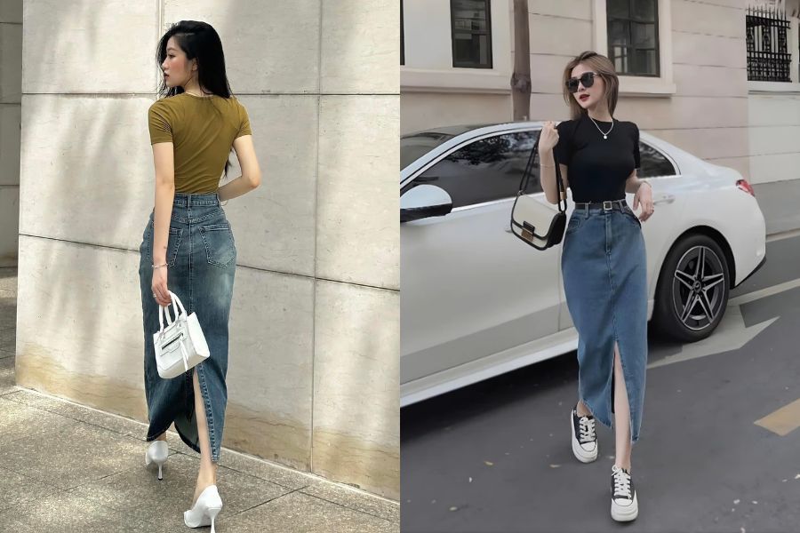 Chân váy jean xẻ tà dáng chữ A