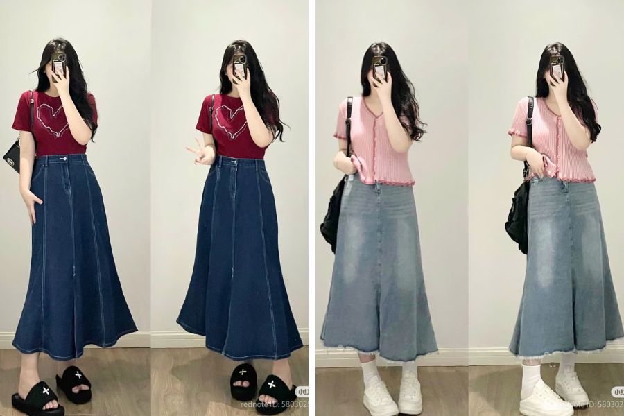 Chọn chân váy jean dài, xẻ tà để các nàng dễ dàng di chuyển