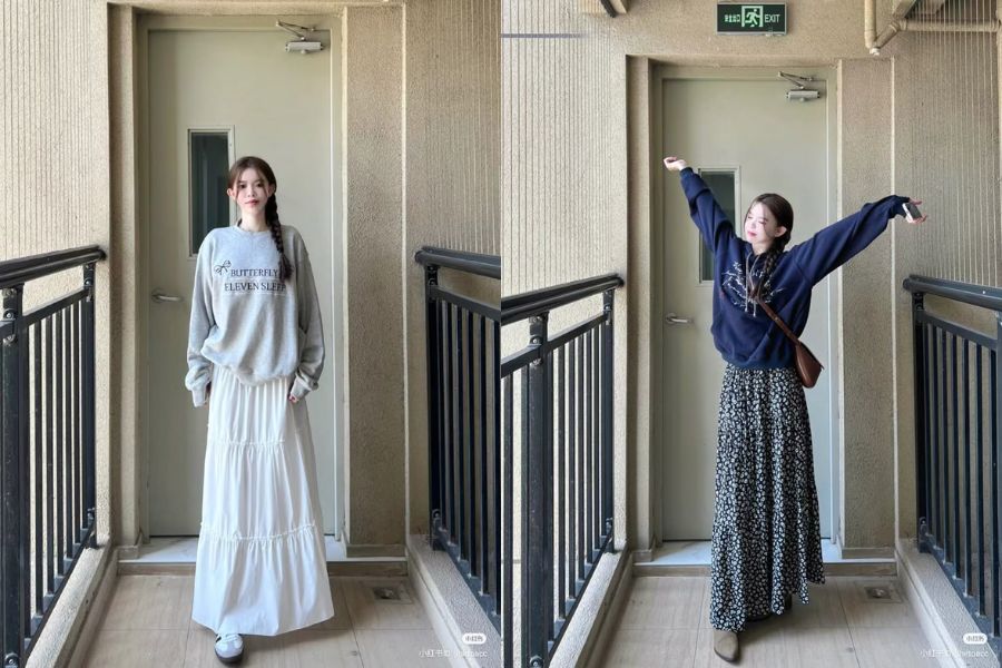 Set áo sweater phối chân váy dài qua gối