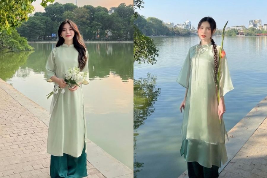 Áo dài xanh ngọc hoặc xanh lá mạ kết hợp quần xanh navy