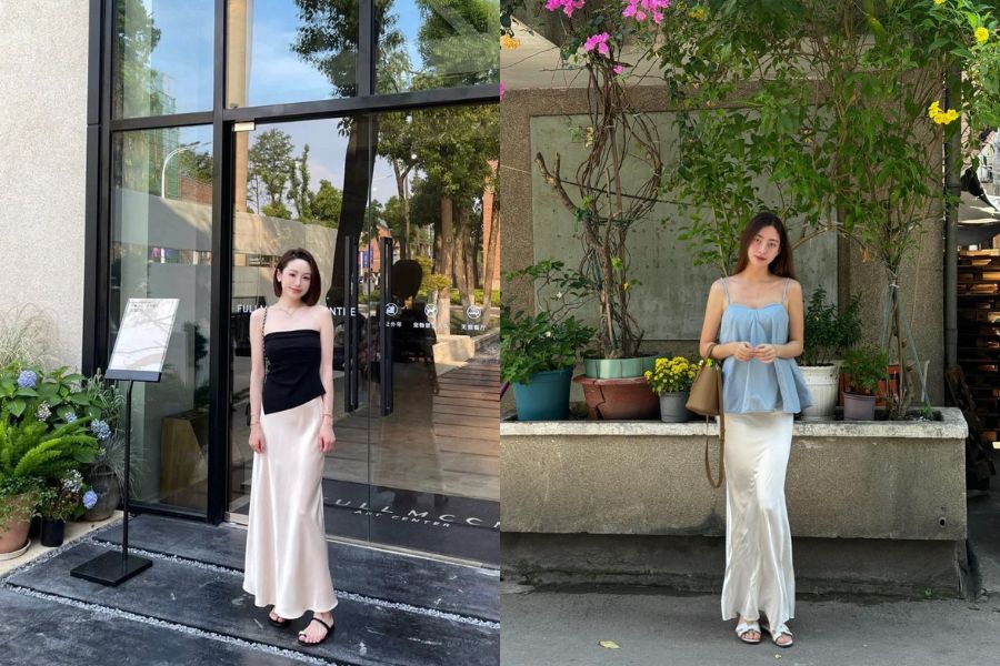 Áo hai dây ôm cùng chân váy xẻ tà