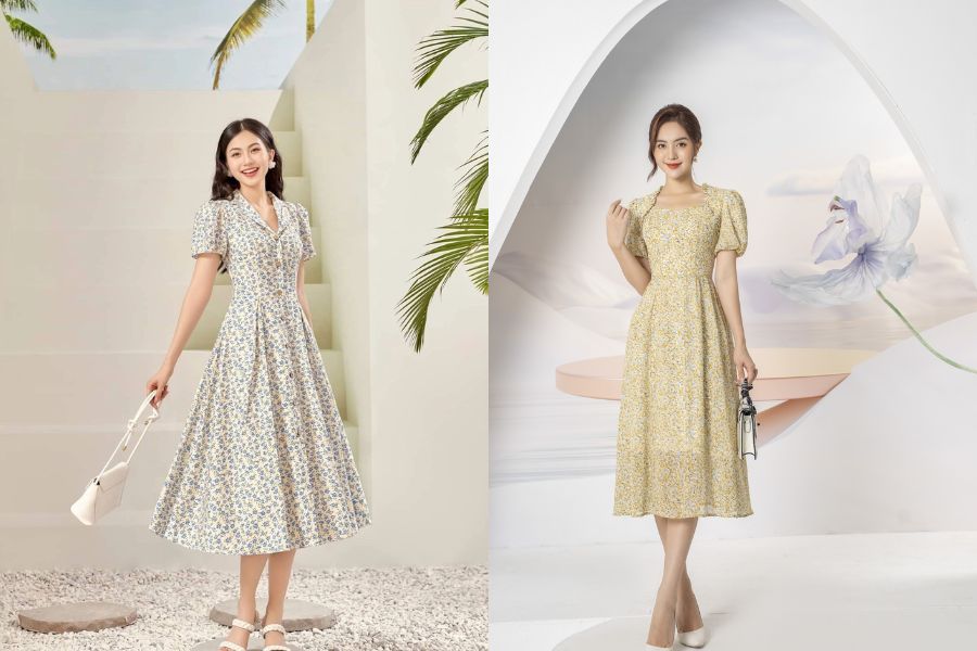 Set váy hoa dáng dài tay bồng cổ đIển