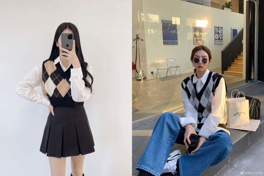 Gile len họa tiết ô kim cương layer áo sơ mi trắng