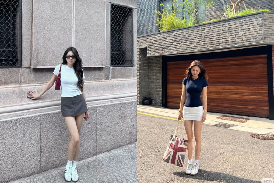 Áo thun ôm phối với chân váy chữ A