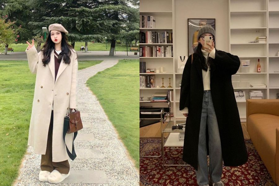 Sweater phối áo măng tô dài cho diện mạo thanh lịch