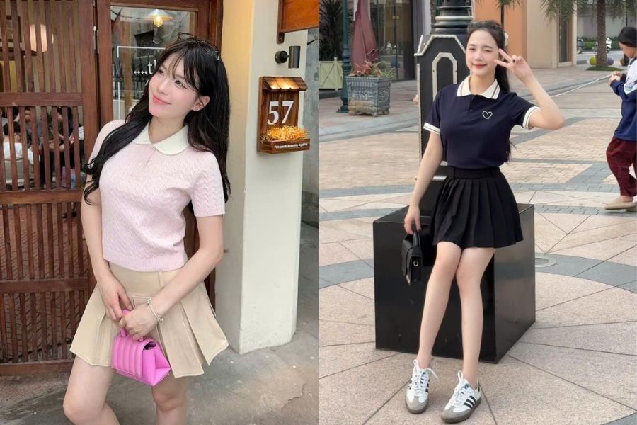 Phối đồ với chân váy xòe ngắn với áo Polo