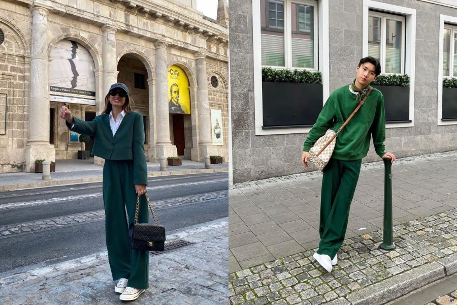 phối outfit màu xanh lá tone sur tone