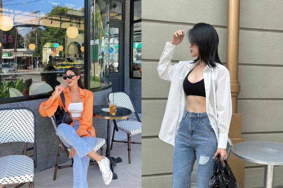 Sơ mi oversize cùng áo croptop và quần ống rộng