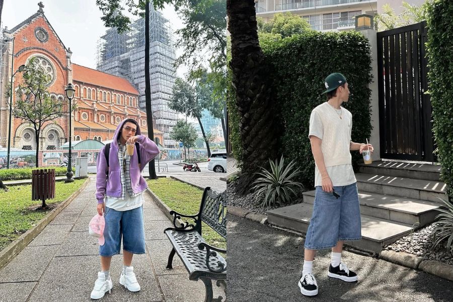 Áo thun oversize  quần short cargo sneaker cổ thấp