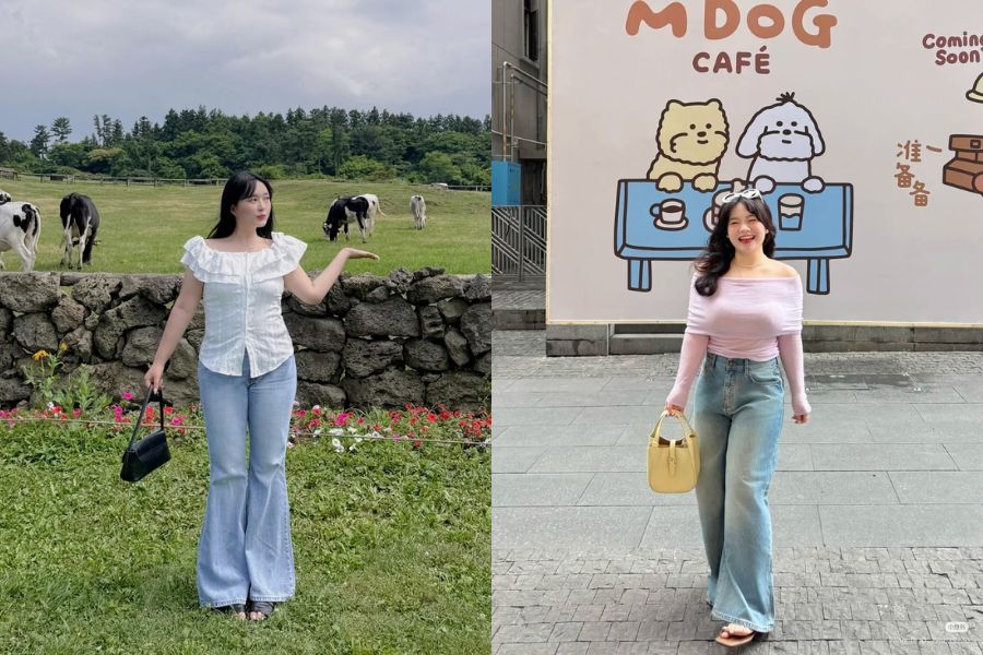 Áo trễ vai mix quần jean