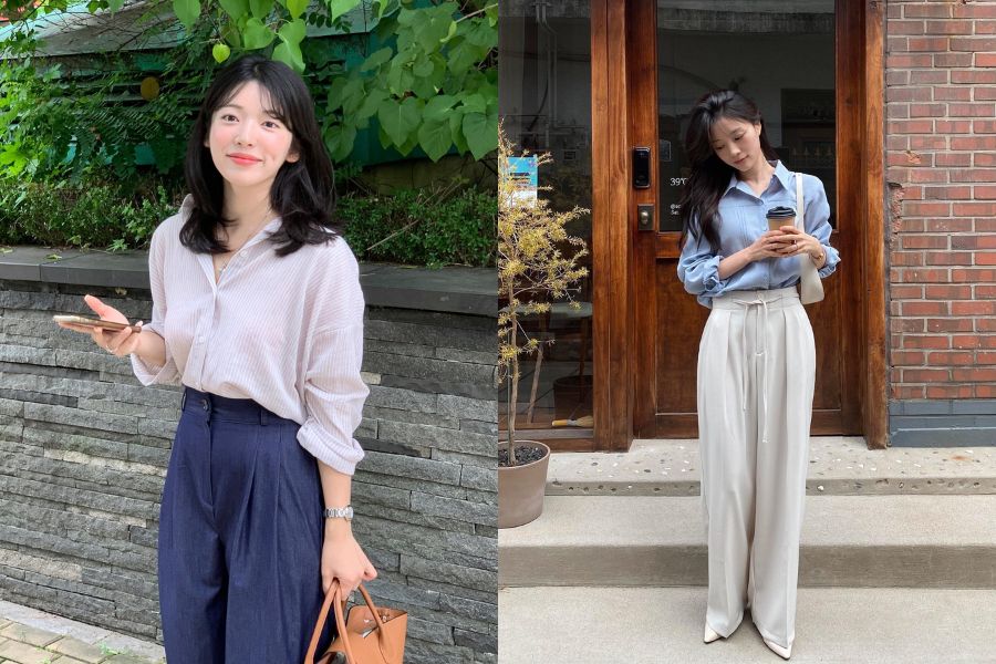 Áo sơ mi phối quần tây ống rộng