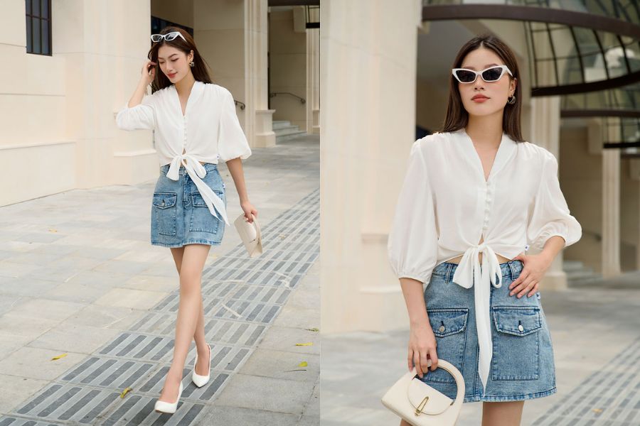 Áo lửng sơ mi buộc nơ + Chân váy Jeans