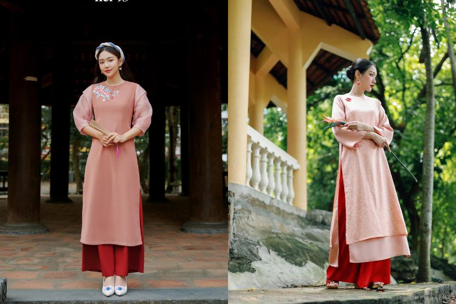 Áo dài hồng phối quần đỏ