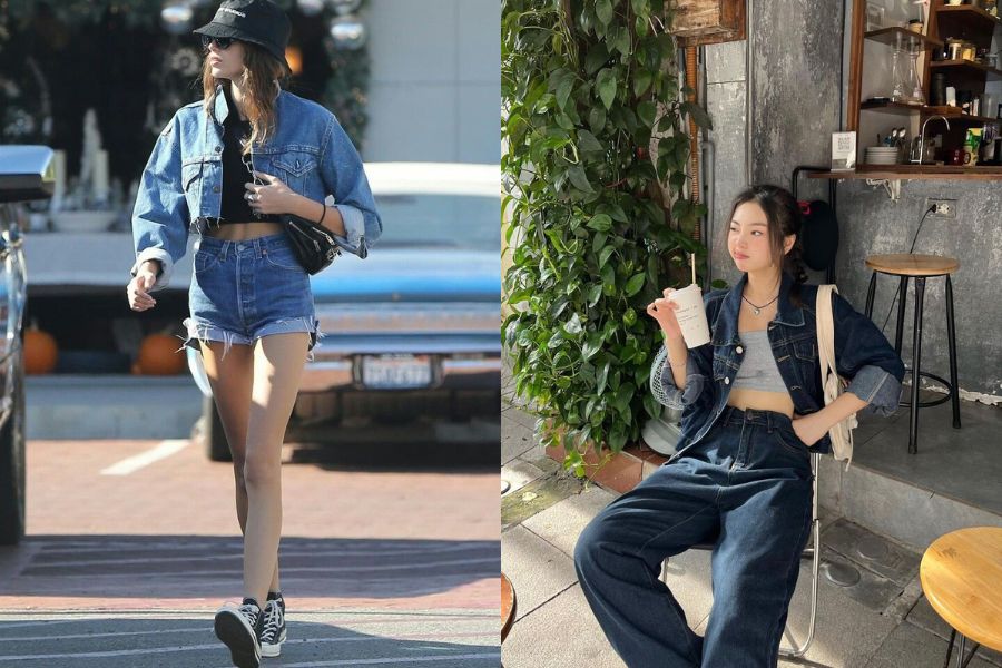 Kết hợp áo khoác jean nữ với áo croptop trẻ trung
