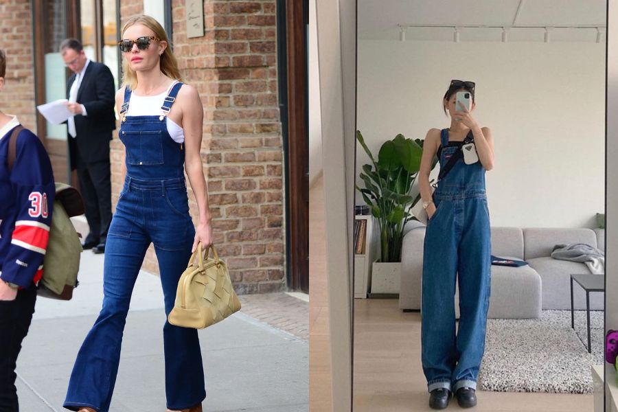 Áo len sát nách phối quần yếm lệch vai