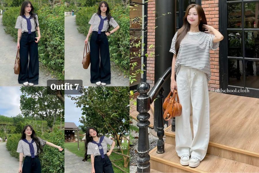 Quần Jeans ống suông phối áo thun nữ