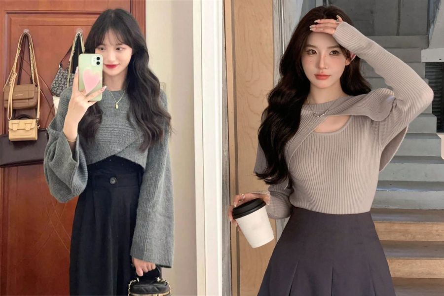 Áo len lửng phối chân váy midi