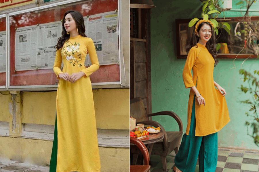 Áo dài vàng đi cùng quần xanh lá