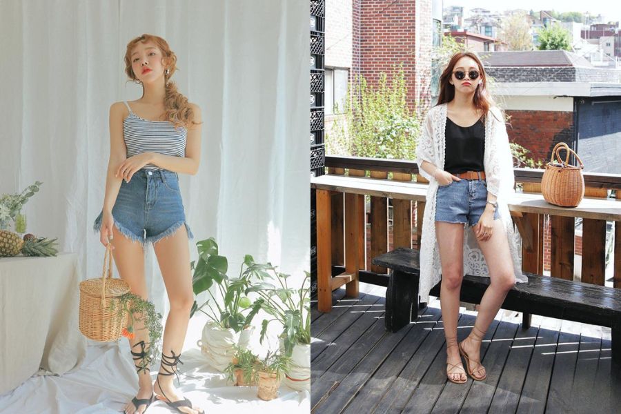 áo hai dây phối với quần short 