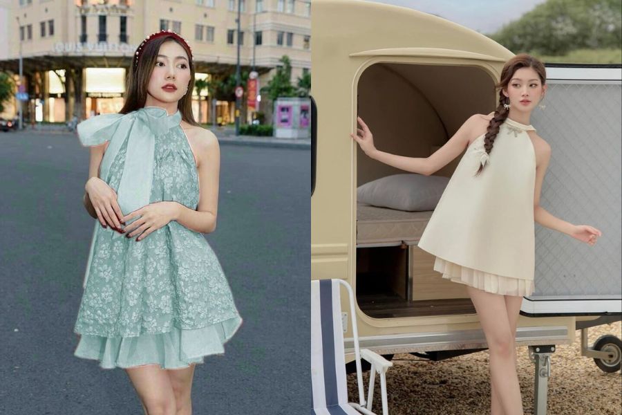 Phối chân váy xòe ngắn với áo cổ yếm