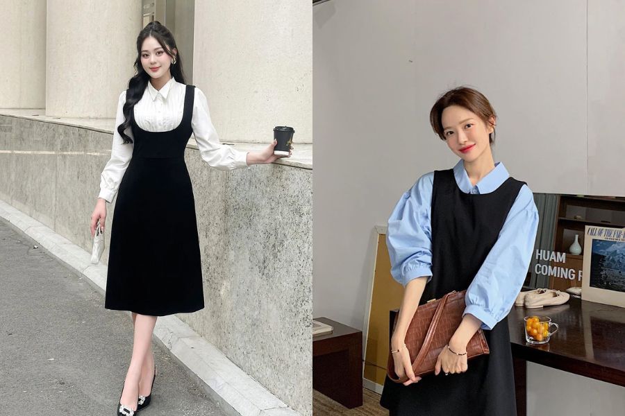 Đầm suông mix áo sơ mi dài có cổ