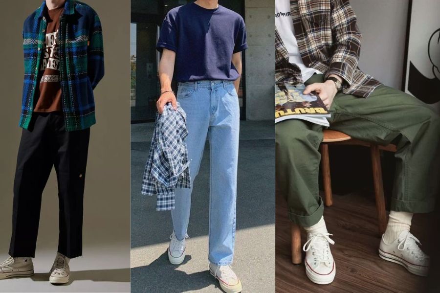 Áo sơ mi flannel phối với giày converse trắng nam