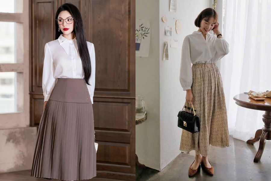 Phối áo sơ mi nữ với chân váy midi