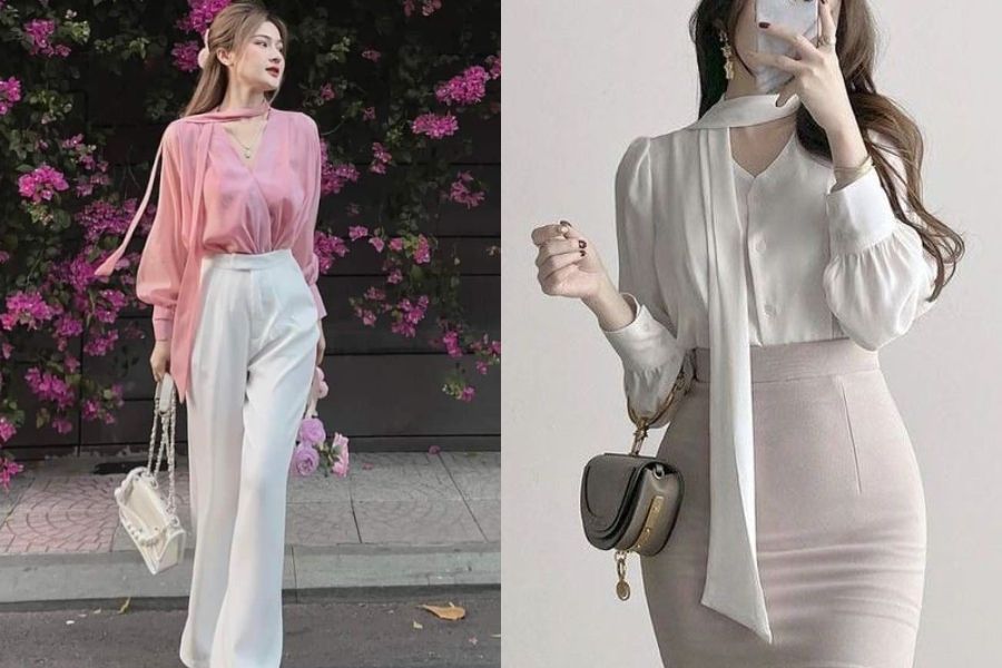 Cách thắt nơ quàng một bên cho áo sơ mi nữ