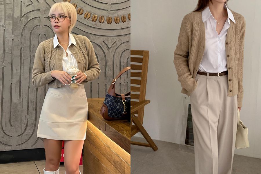 Cardigan mix áo sơ mi trắng và quần tây chuẩn nàng công sở