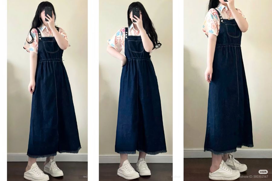 Phối yếm bò ống rộng với áo thun màu sắc trẻ trung