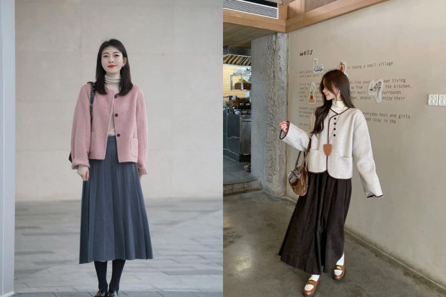 Chân váy dài phối áo dạ ngắn