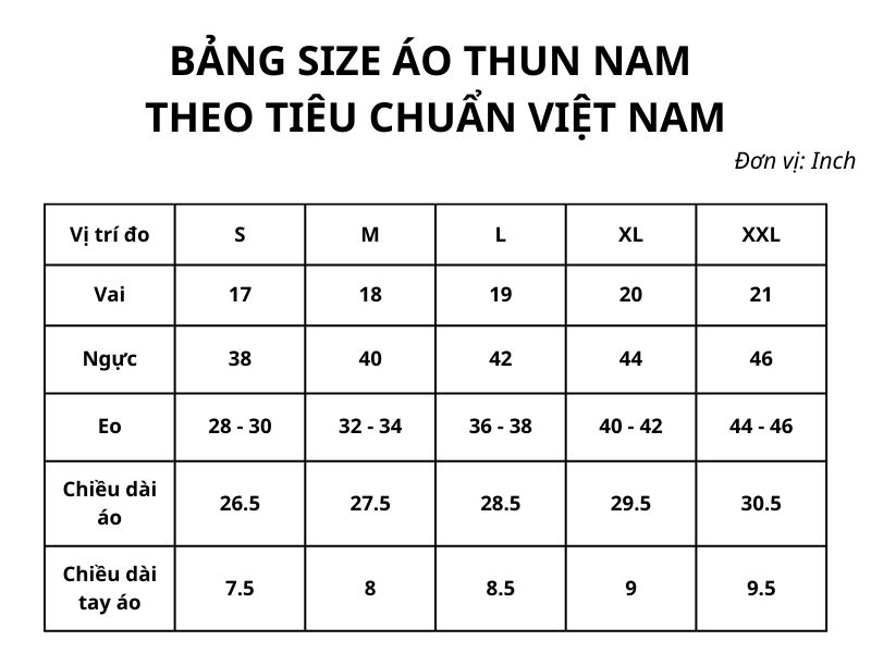 Bảng size áo thun nam theo tiêu chuẩn Việt Nam