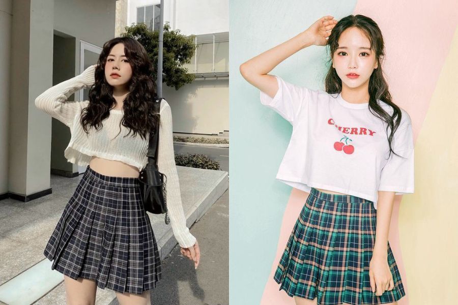 Áo croptop cotton oversize phối chân váy xoè ngắn dáng chữ A