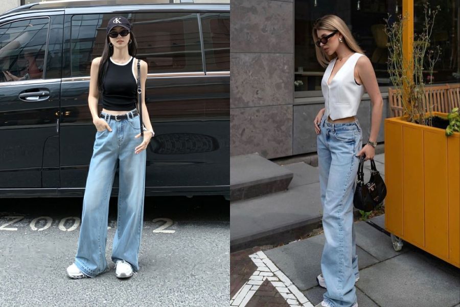 Quần Jean ống suông rộng phối áo tanktop
