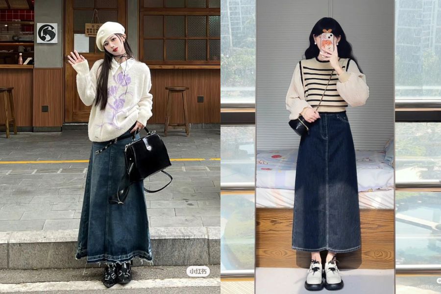 Chân váy Jeans xòe phối áo nỉ và mũ