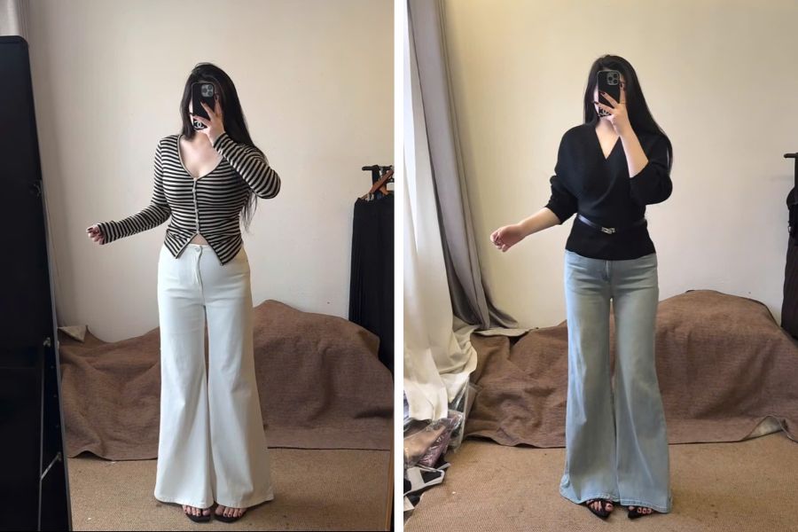 Kết hợp áo thun nữ họa tiết ngang khiến cơ thể to béo hơn