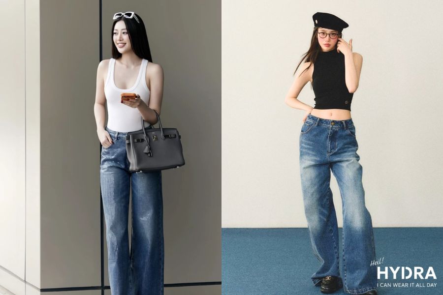 Quần ống rộng kết hợp với áo tanktop