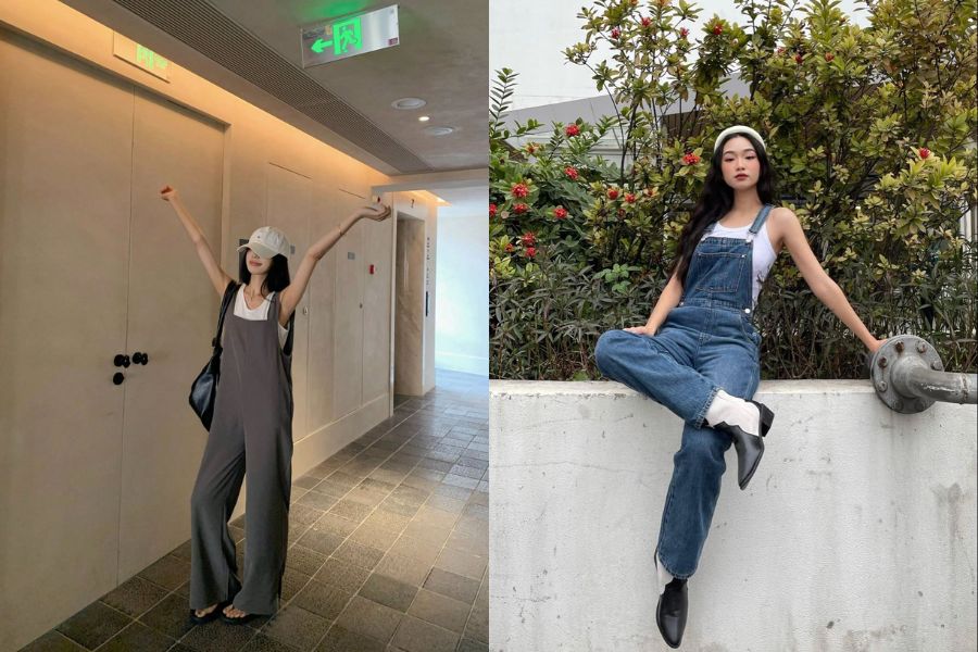 Phối áo ba lỗ nữ cùng quần yếm